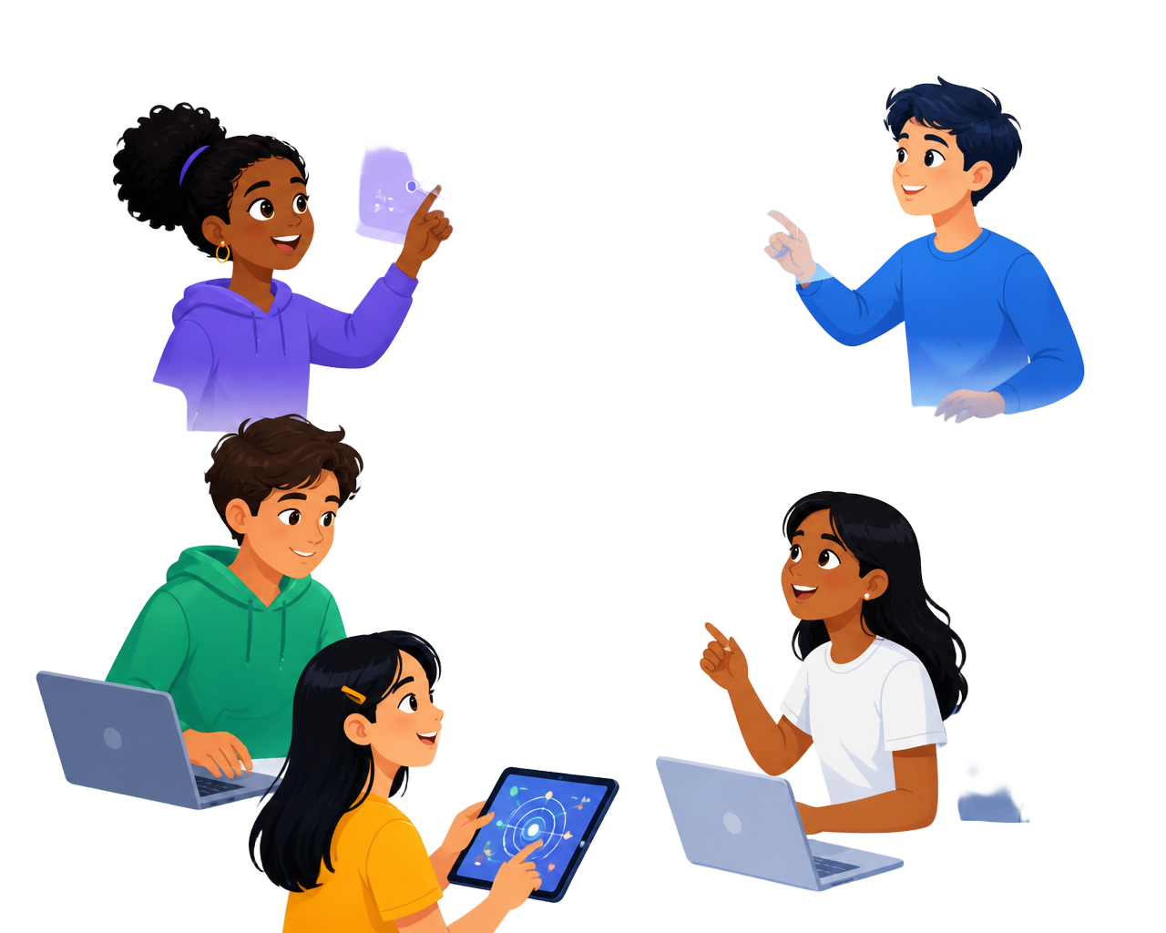 Illustration of children exploring artificial intelligence with laptops, tablets and a friendly robot
